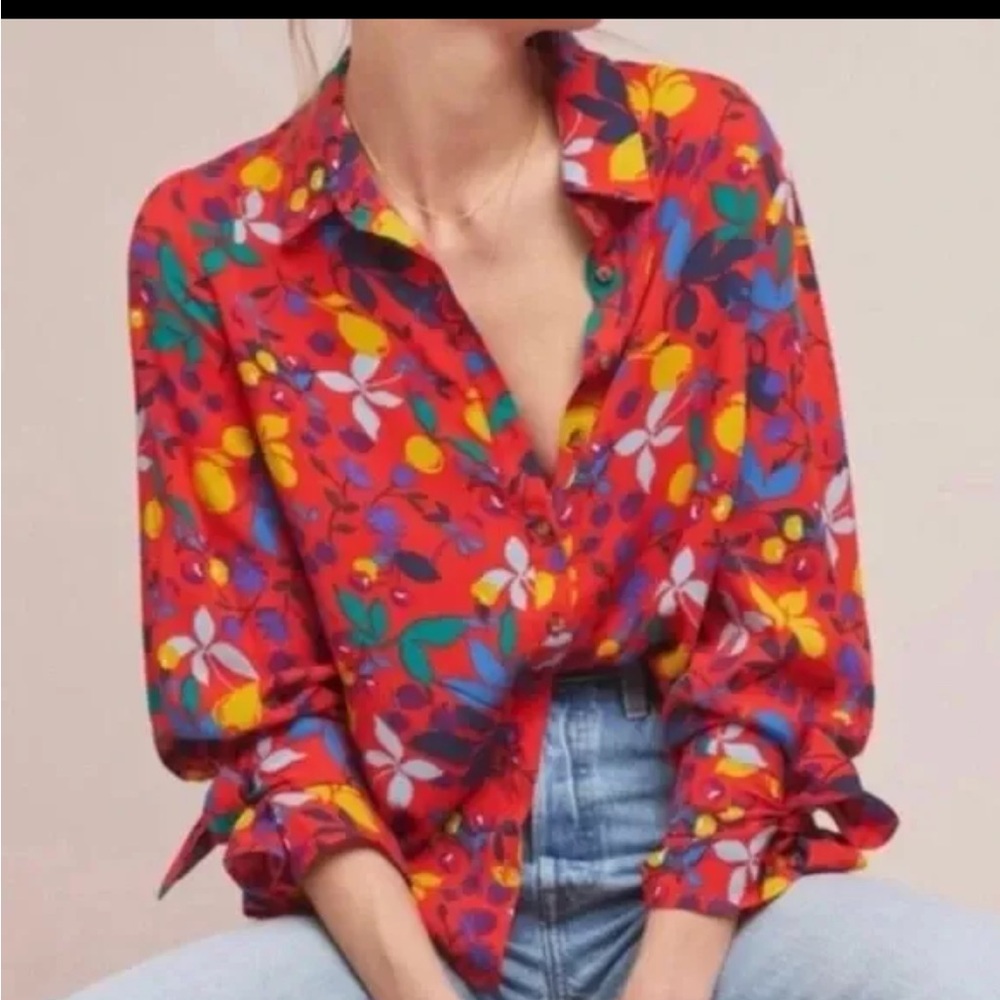 Maeve Anthropologie blithe red floral lemon button down blouse 2
